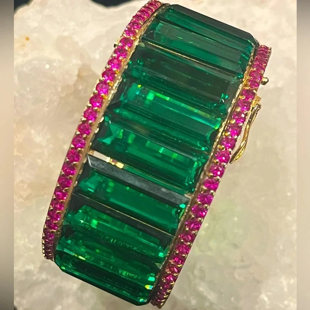 Stunning created emerald and ruby one of kind bangle bracelet. Art piece